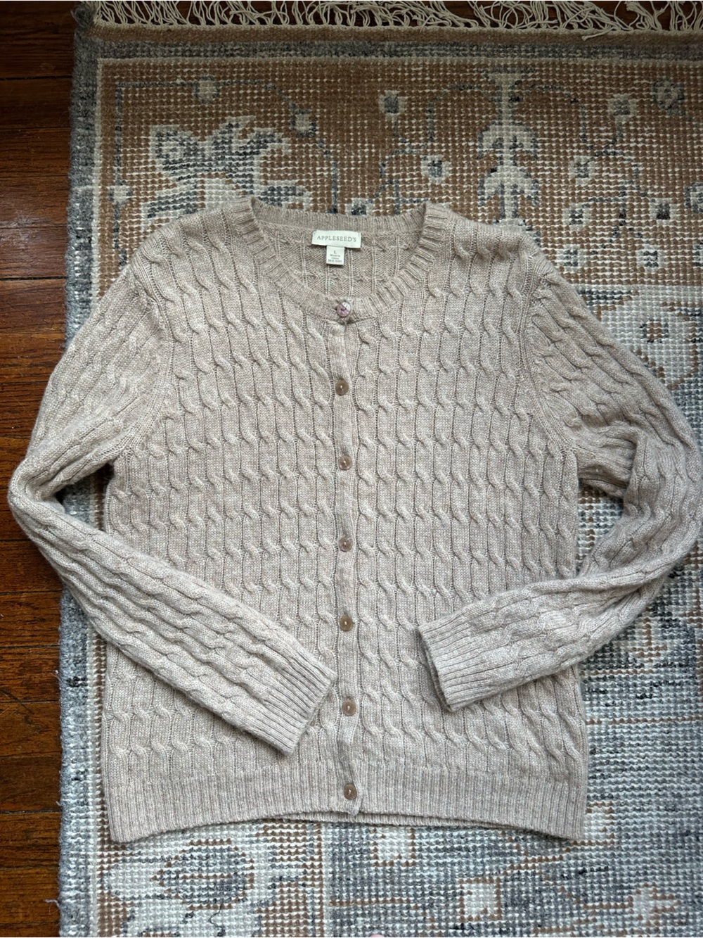Appleseed's Cable-Knit Button-Front Cardigan in Light Taupe